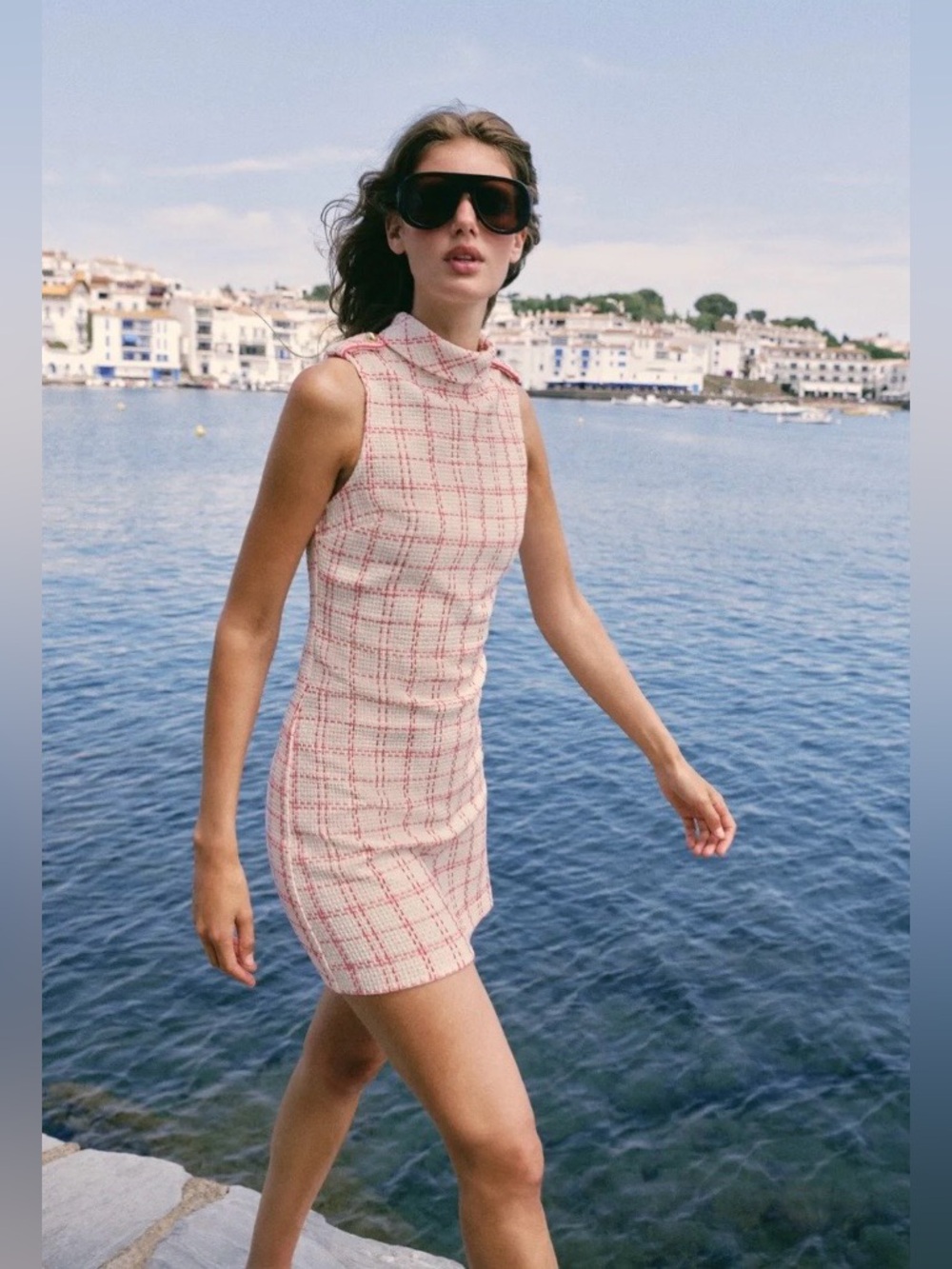 Zara NWT Pink Textured Plaid Y2K Preppy Sleeveless Mock Neck Mini Dress